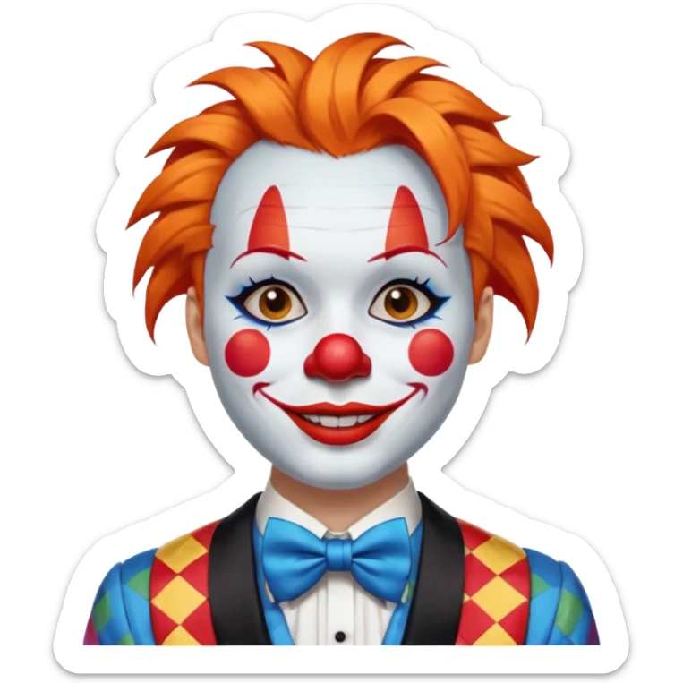 Orange hair styled in upward tufts.

White face paint, red nose, red lips, and thin black eyebrows.

Wearing a colorful patchwork clown suit with a big blue bow tie.

Happy, cheerful smile. sticker
