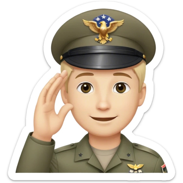 The image depicts a white man with gray eyes and short blonde hair, wearing a U.S. military cap with an eagle emblem. He is saluting with his right hand, showing a confident smile. The background is solid black. sticker