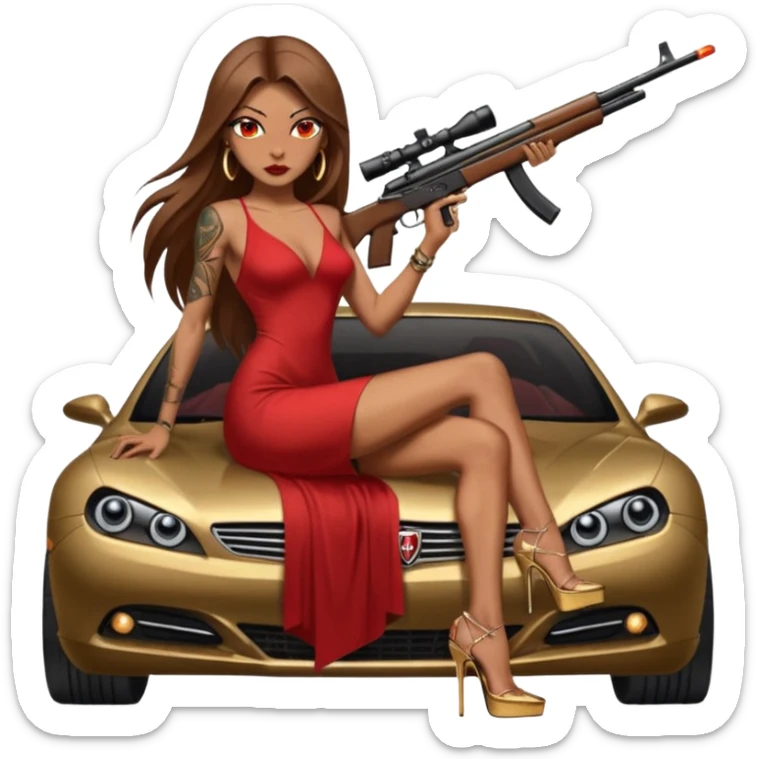 Lilith tan skinfemale red eyes symbol. Tattoo arms. Her hair is brown straight long hair.wearing sexy long  erotic dress with slit. black stiletto platform high heels shoes on. Sitting on gold giant luxury car with cash surrounding her. She is holding a sniper rifle in one hand cash in other hand sticker