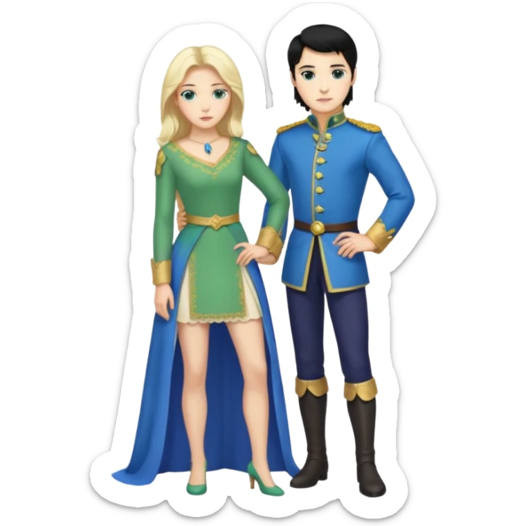 prince, standing upright, black Hair, blue eyes, garment,  woman, bending knee, White sleveless dress, blonde hair, green eyes, sticker