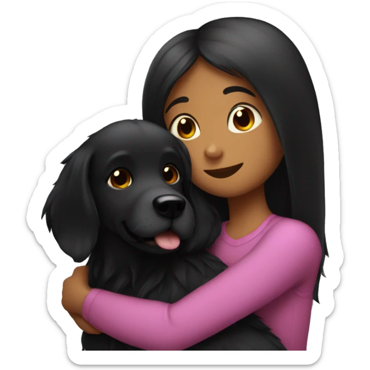 black dog cuddling dark long hair girl with big beautiful big sticker