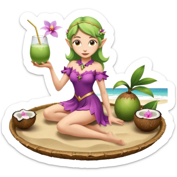 female elf in orchid-petal dress, balancing coconut drink tray. Barefoot on sand sticker