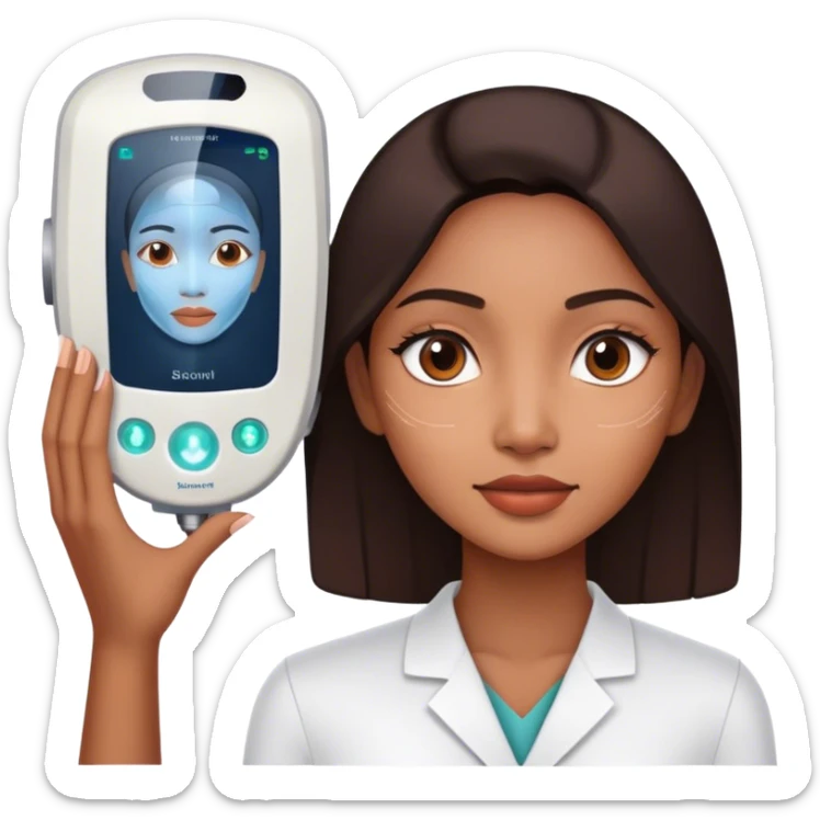 A beauty Indonesian woman with scanning animation in her face indicating skin scanner for dermatology purpose. sticker