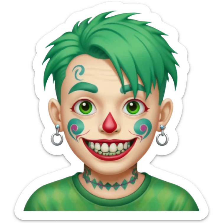 very colorful puffy green haired man made out of candy wearing teeth-braces and excessive face tattoos and excessive piercing just face  sticker