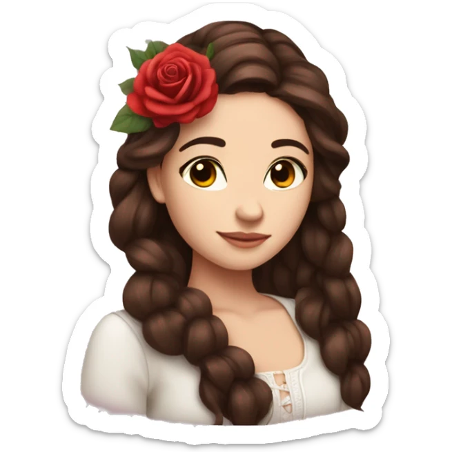 Beautiful, rose, red, flowers in hair, long dark brown hair, white fair skin sticker