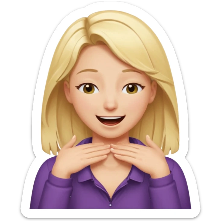 Happy blonde girl with eyes closed and mouth wide open and hands cupped around her neck - her eyes are squinty with excitment mo sticker