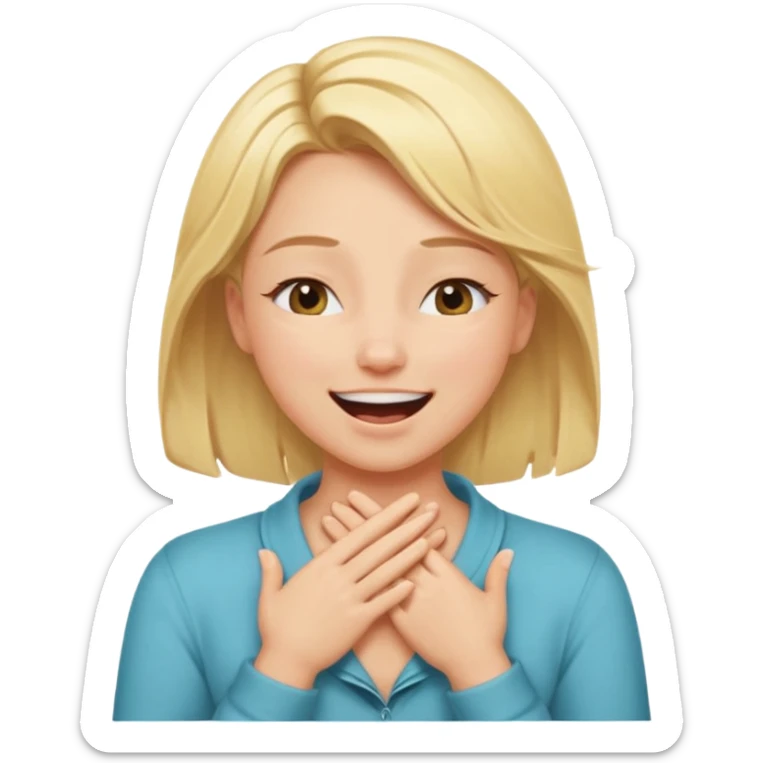 Happy blonde girl with eyes closed and mouth wide open and hands cupped around her neck - her eyes are squinty with excitment mo sticker