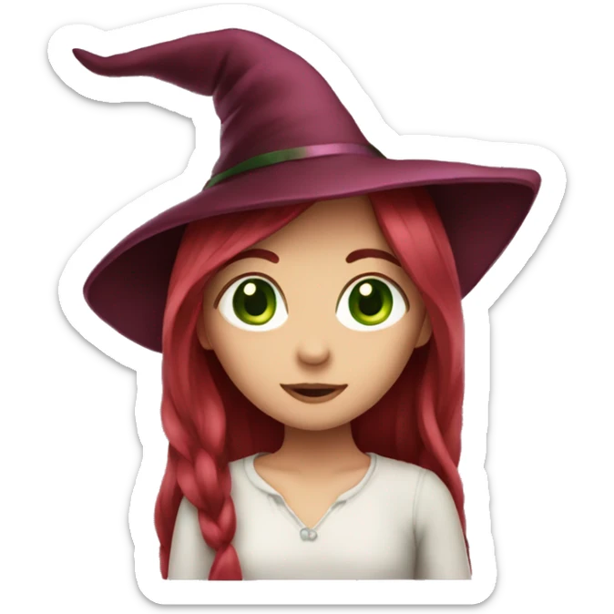 girl long dark red hair green eyes and pink witch hat sticker