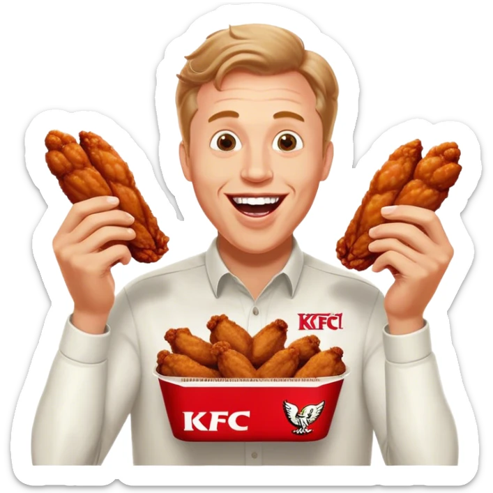 "Create an emoji of a white man holding KFC chicken wings with a happy and excited expression. Make sure to add the text 'KFC ABSOLUTE CINEMA' in large, bold letters, covering the entire screen and standing out clearly. This text must be included. Use a vibrant and expressive style."





 sticker