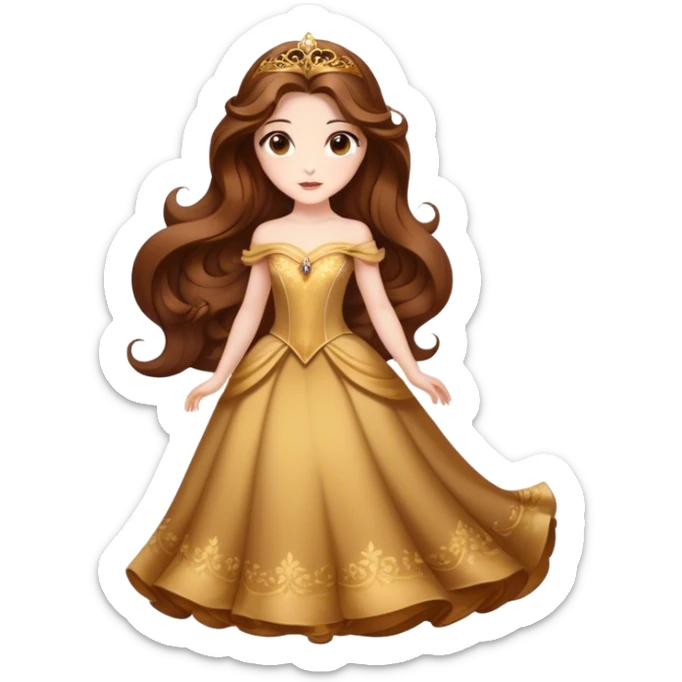 Cinematic Stunning Belle Portrait Emoji, Deep brown eyes full of curiosity, long chestnut hair flowing in soft waves, wearing her golden ballroom gown, glowing with warmth and elegance, a princess whose beauty is as radiant as her mind! sticker