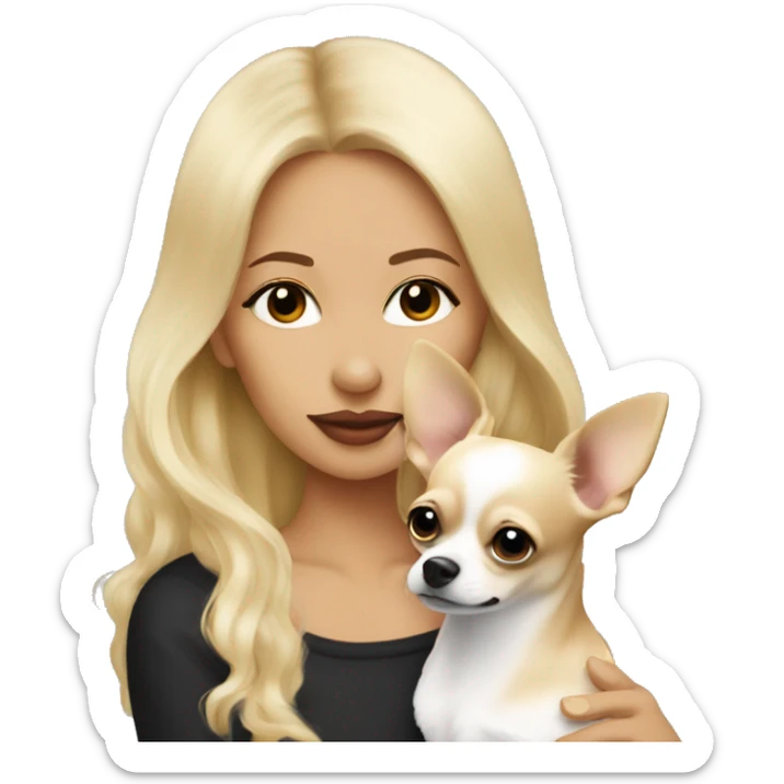 Blonde woman kissing her chihuahua, the chihuahua is black and white, long coated  sticker