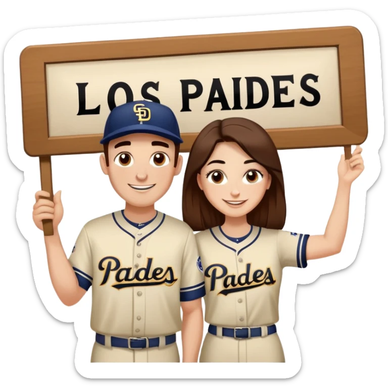 *White* Smiling couple. Woman has big cheeks and a lot of freckles on the nose. long brown hair. Man has black and very short hair and prominent eyebrows with egipcian nose. Both are wearing “Los Padres” baseball jerseys and with a sign that says “Go Padres!” sticker
