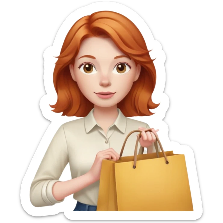Shopping ginger woman pink cheeks long hair holding bags cream shirt sticker