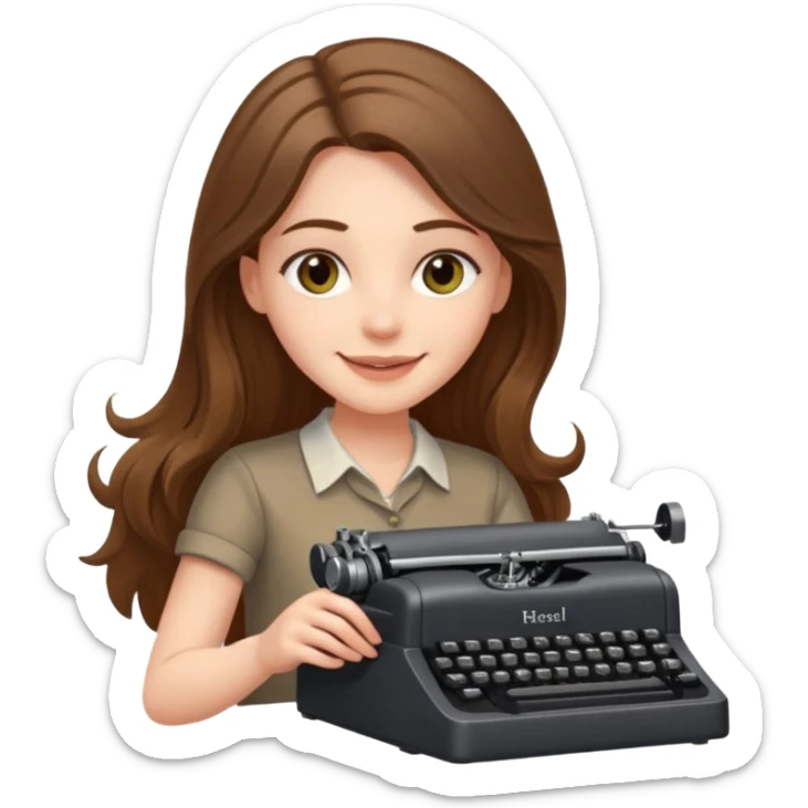 smiling white long brunette hair girl with hazel eyes laying typing on a typewriter sticker