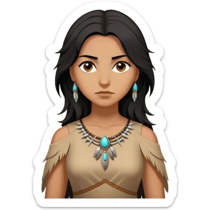 Cinematic Stunning Pocahontas Portrait Emoji, Windswept raven hair flowing behind her, deep brown eyes filled with wisdom and strength, glowing sun-kissed skin, wearing her elegant tan dress, the spirit of the wild in her expression, breathtakingly majestic! sticker