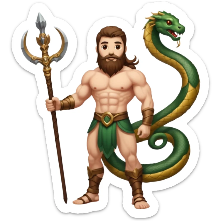 full body man long brown hair brown eyes medium beard white skin muscular build apple guardian with serpent staff sticker