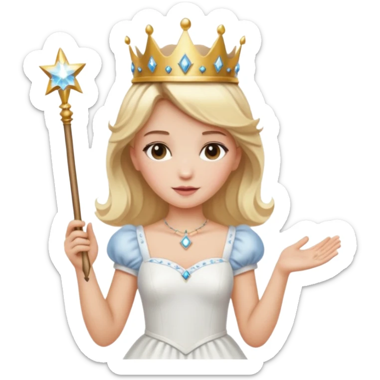 dorothy queen blonde hair, white dress with magic wand, rounded sparcle, and crown on head. sticker