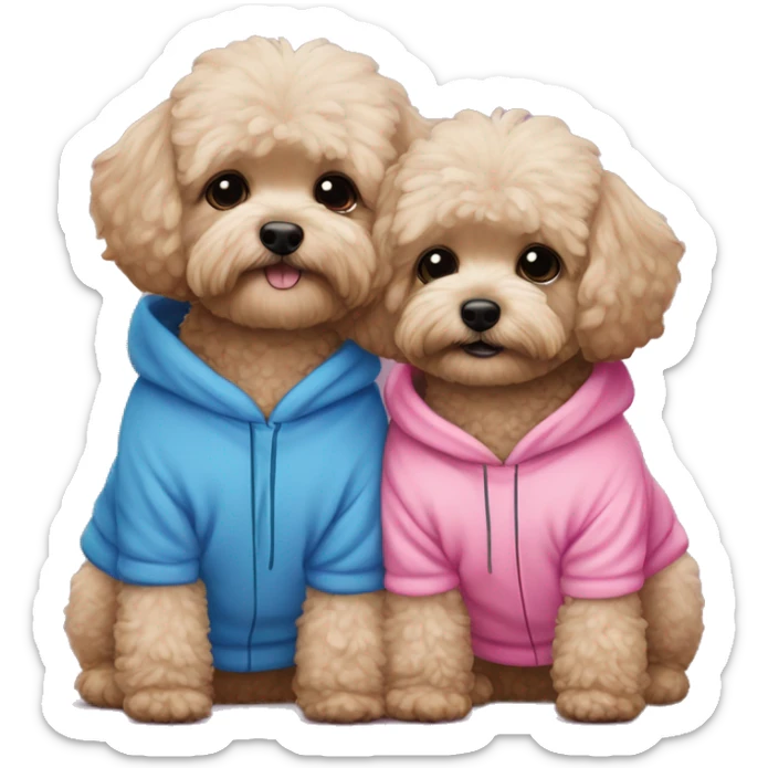 2 dark maltipoo dogs hugging, one wearing a pink sweatshirt and the other wearing a blue sweatshirt sticker