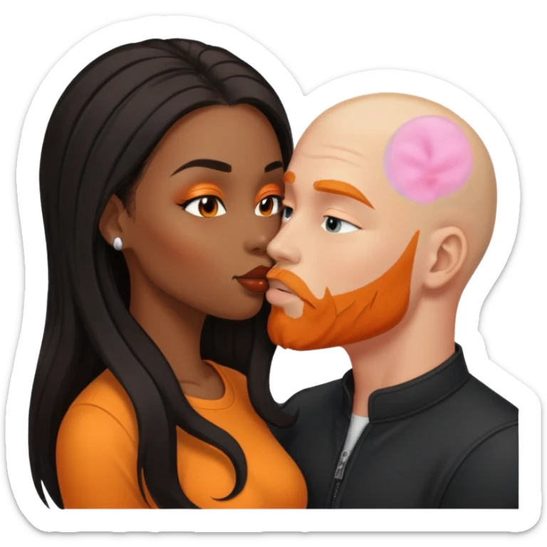 ebony black women with long balayage brown/black hair.  She is kissing bald white man. The White man is pale has orange facial hair sticker