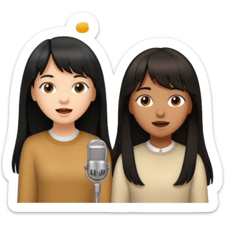 two girls a brown girl with long black hair and a white girl with bangs and light brown medium length hair singing together  sticker