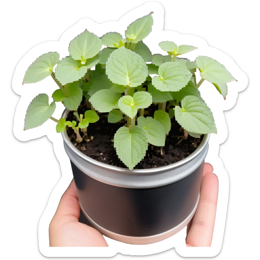 Young sprouts of Plectranthus Verticillatus with perfectly circular coin-shaped leaves in a silver metallic pot sticker