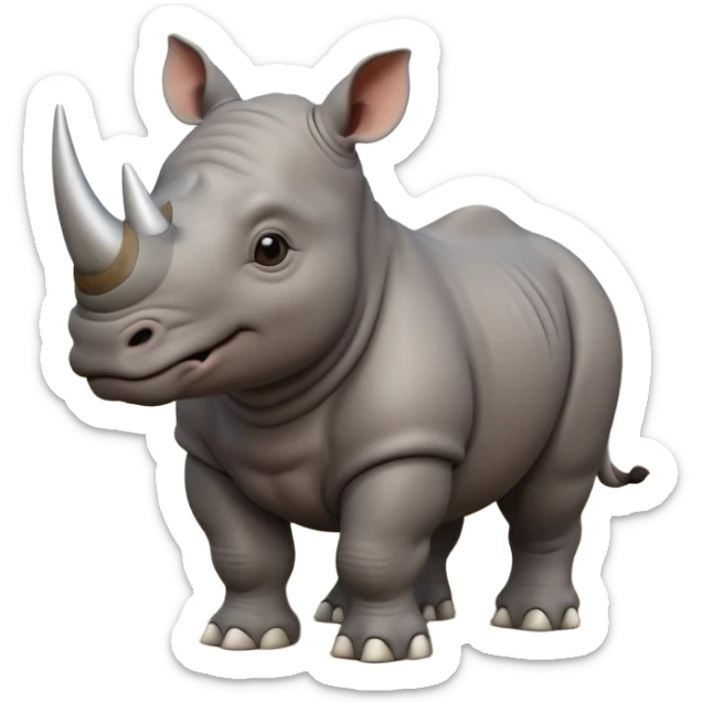 A big 3D cartoon rhino standing on dry ground, thick gray skin, small horn on nose, kind expression, bright daylight and soft shadows, Memoji-style. sticker