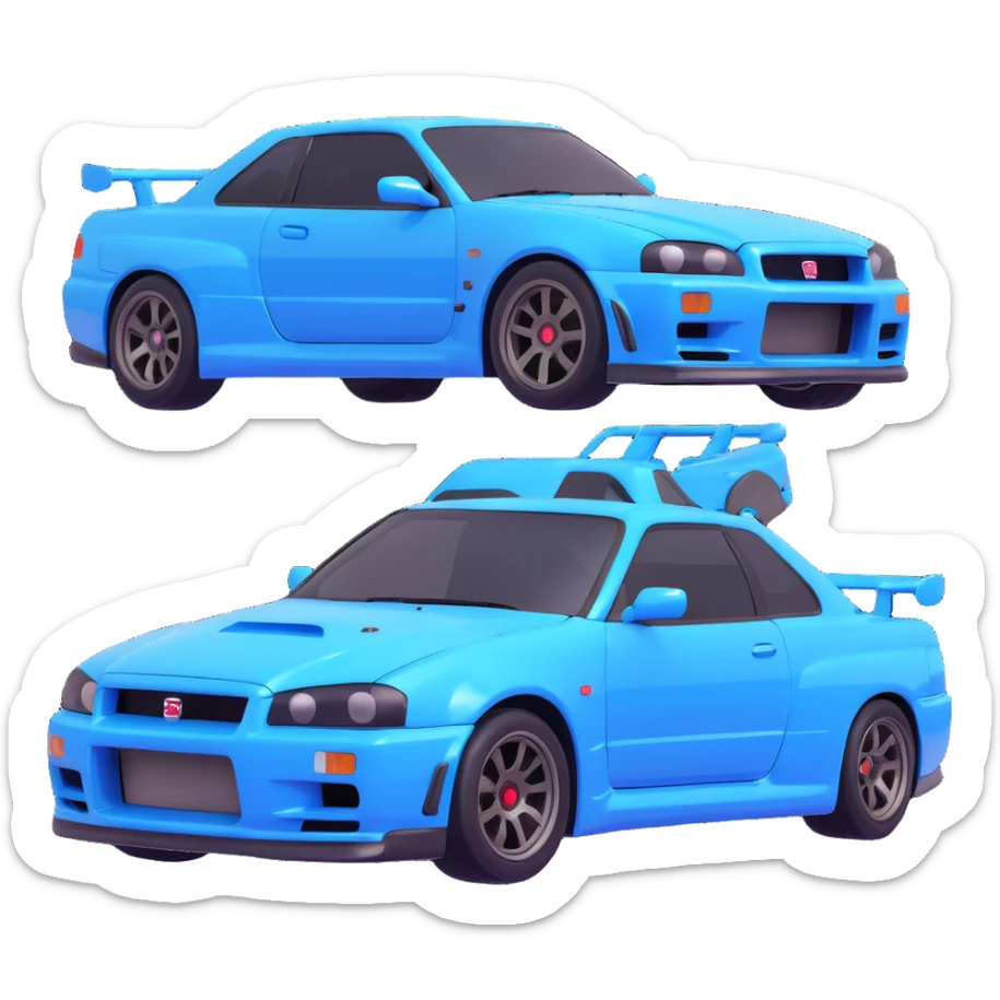 Brian's Nissan Skyline GTR R34 from Fast and Furious, 3D style, chrome body with blue stickers, car alone sticker