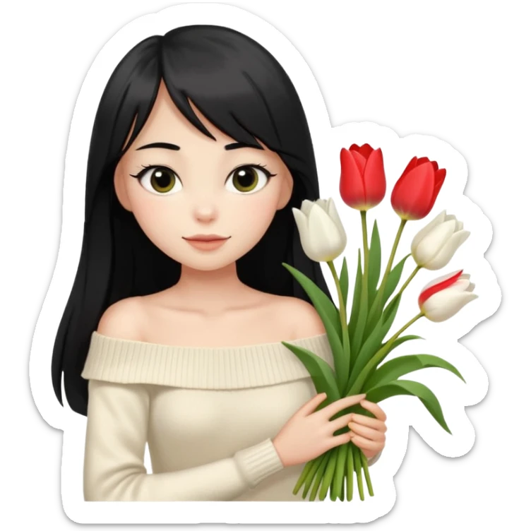 girl with long black hair, thin bangs, black eyes, cream off-shoulder sweater, holding a bouquet of white tulips sticker
