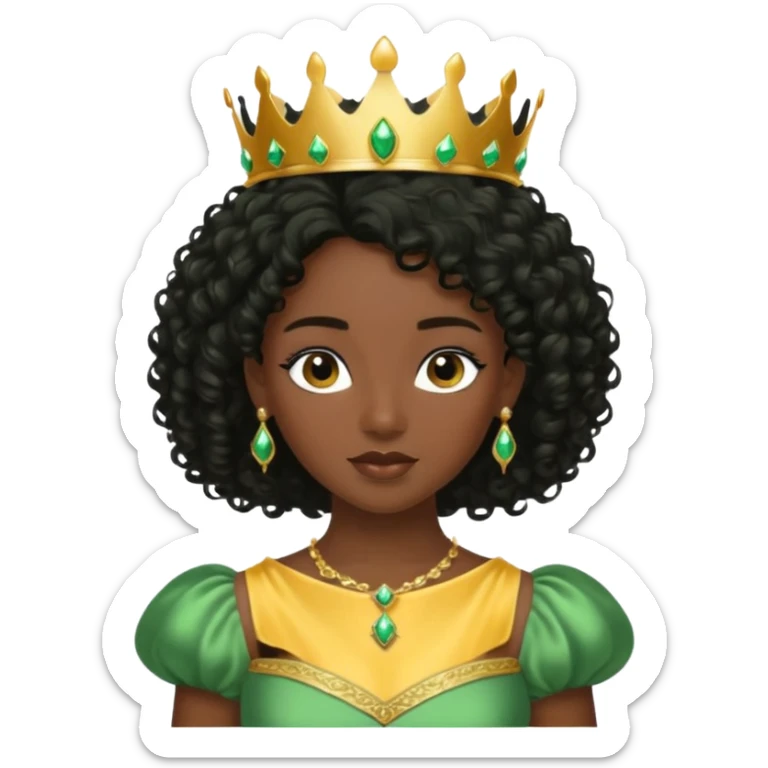 balck princess with black curly hair and a golden tiara. Green dress sticker