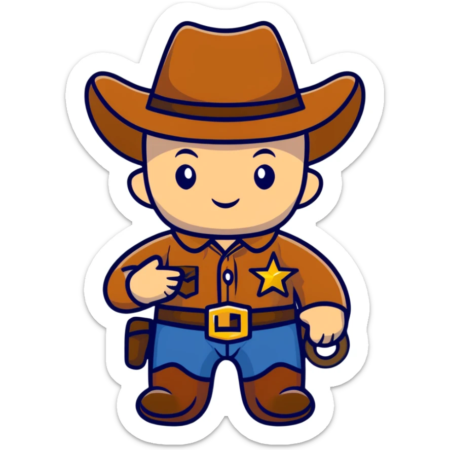A cartoon stuffed baby cowboy toy with star-shaped patches and a little sheriff badge sticker