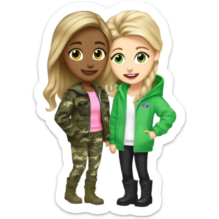 A dirty blonde brown eyed teenager wearing camo pants and white and green jacket and boots kissing the cheek of a dirty blonde shorter teenager with greenish blue eyes wearing a pink sweatshirt and black pants sticker
