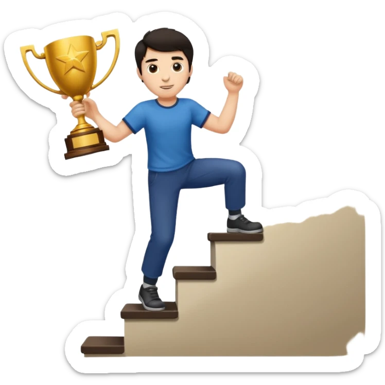A man with fair skin and dark hair is climbing stairs to grab a trophy sticker