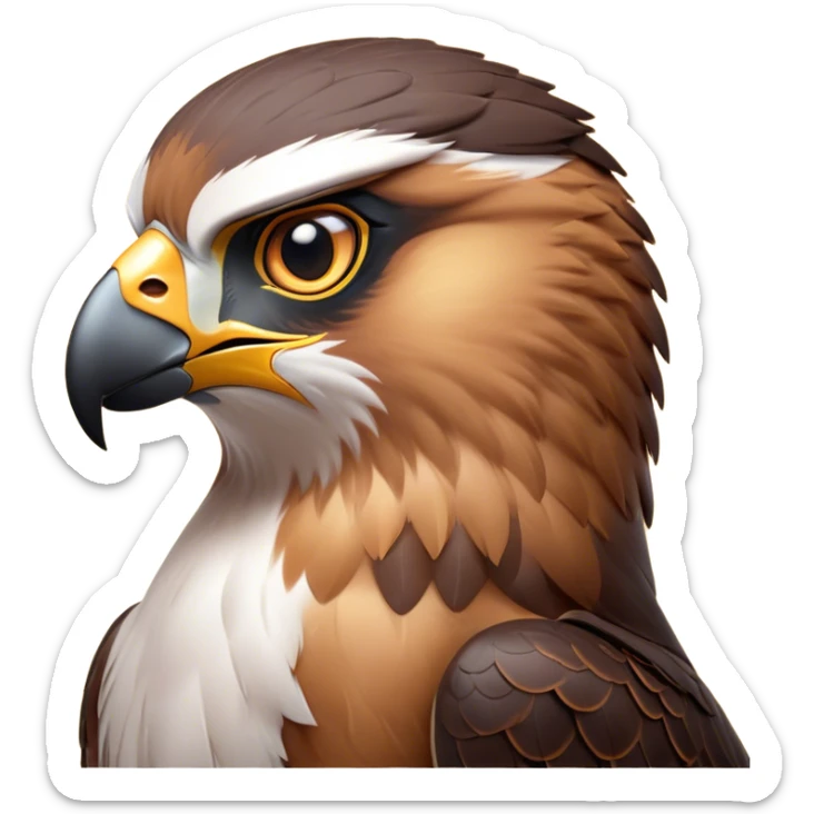 Cinematic Noble Falcon Portrait Emoji, Poised and majestic, with a streamlined, muscular build, a sharply hooked beak, and intense, piercing eyes that exude focus and speed, Simplified yet sharp and sophisticated features, highly detailed, glowing with a soft, amber radiance, high shine, intelligent and commanding, stylized with an air of aerial authority, focused and swift, soft glowing outline, capturing the essence of a watchful and confident falcon that appears ready to soar out of the screen with effortless power! sticker