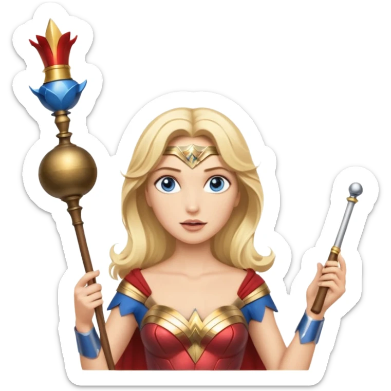 Blonde blue eyed Wonder Woman holding white orchestra conductor’s baton and bell sticker