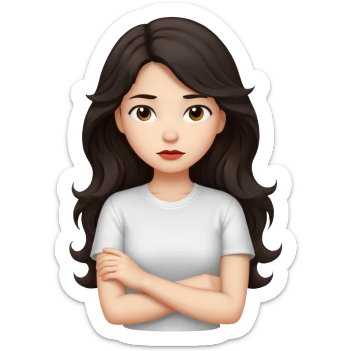 girl dark long wavy hair crossing her arms with slight pout sticker