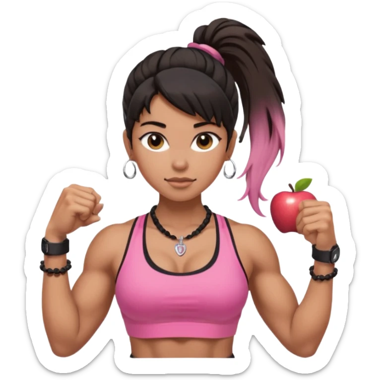 Caramel skinned toned female with a black messy ponytail for hair. Her eyes are a coffee color brown and almond shaped. She’s wearing a pink sports bra and showing off her big muscular toned biceps. She’s not holding anything in her hands but she wears a rosary necklace and an Apple Watch. sticker