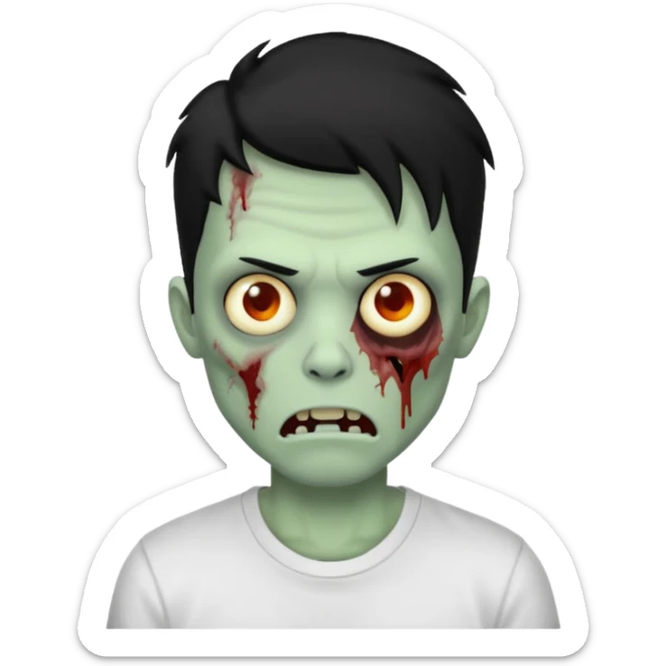 Rosto de frente classico de zombie boca meio torta cabelos pretos no corte low fade com pele verde clara camiseta branca sticker