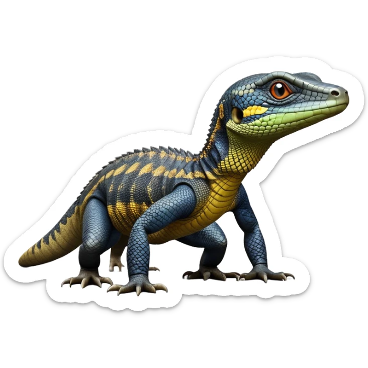 cinematic-monitor-lizard-realistic-full-body-standing on all fours-emoji,-long-powerful-tail-dragging-slightly-behind,-sleek-scaled-body-textured-with-rich-patterns and stripes,-head-tilted-dramatically,-dark-intense-eyes-observing-its-surroundings,-simplified-yet-realistic-focused-features,-highly-detailed,-glowing-with-an-almost-sarcastic-glow sticker