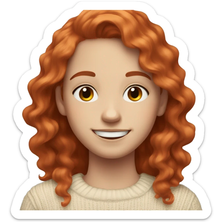 A teenager with white skin and mid length wavy red hair wearing a cream sweater who is smiling  sticker