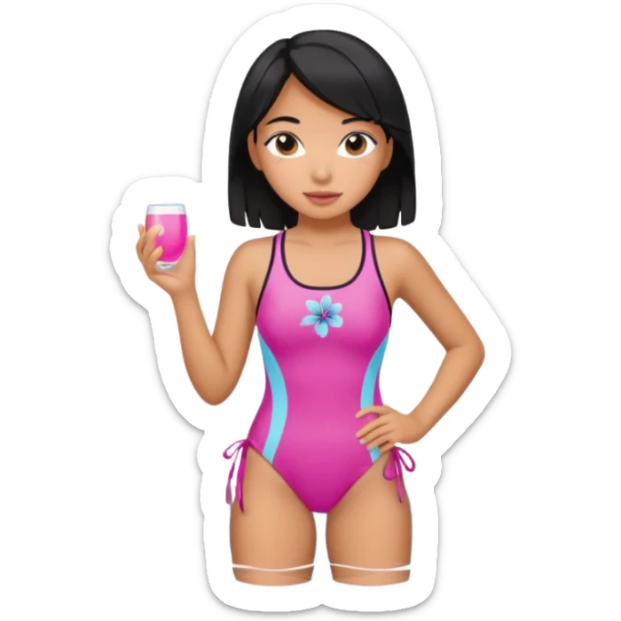 Hawaiian girl with black hair with pink highlights and a swimsuit sticker