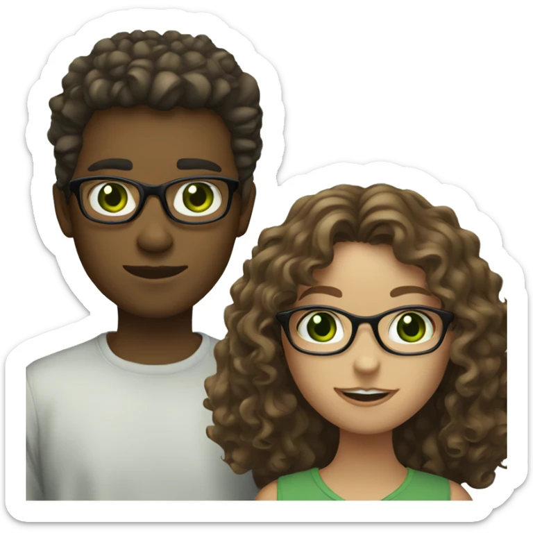 white ginger girl with green eyes and brunette boy with curly hair, green eyes, and glasses sticker