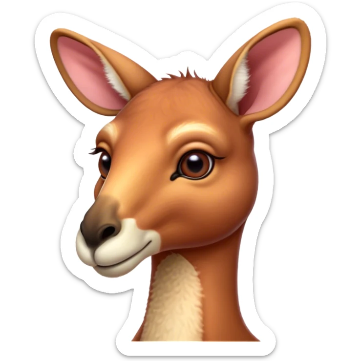 Cinematic Cute Adult Red Kangaroo Portrait Emoji, Head tilted playfully and inquisitively, showcasing a charming, robust build with soft reddish fur and a uniquely camel-like head featuring a gentle, elongated snout and rounded ears, with large, sparkling eyes full of wonder, Simplified yet irresistibly adorable features, highly detailed, glowing with a warm, friendly glow, high shine, affectionate and lively, stylized with a touch of outback whimsy, soft glowing outline, capturing the essence of a mischievous yet loving kangaroo that seems as if it could hop out of the screen into your arms! sticker