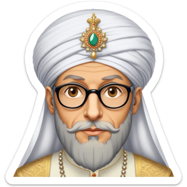Jeff Goldblum no glasses as a regal portrait dressed as suleiman-the-magnificent,-depicted-as-a-regal-ottoman-sultan-adorned-with-a-large,-white,-round,-tall-turban-and-a-majestic-grey-beard,-his-commanding-gaze-bathed-in-warm,-historic-lighting-that-exudes-time with a large long beard **no glasses** sticker