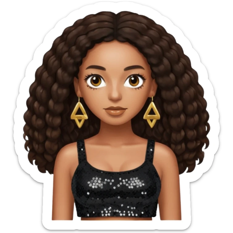 Solange with dark brown long hair, black sequin crop top and skirt sticker