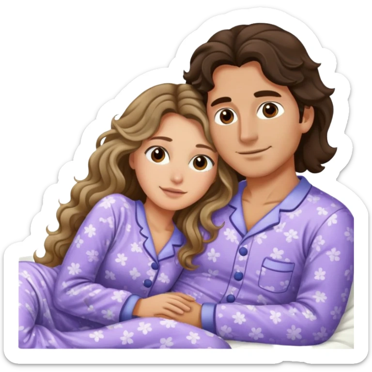 Man with dark brown wavy hair and one woman with long dark blond wavy hair in bed cuddling  sticker
