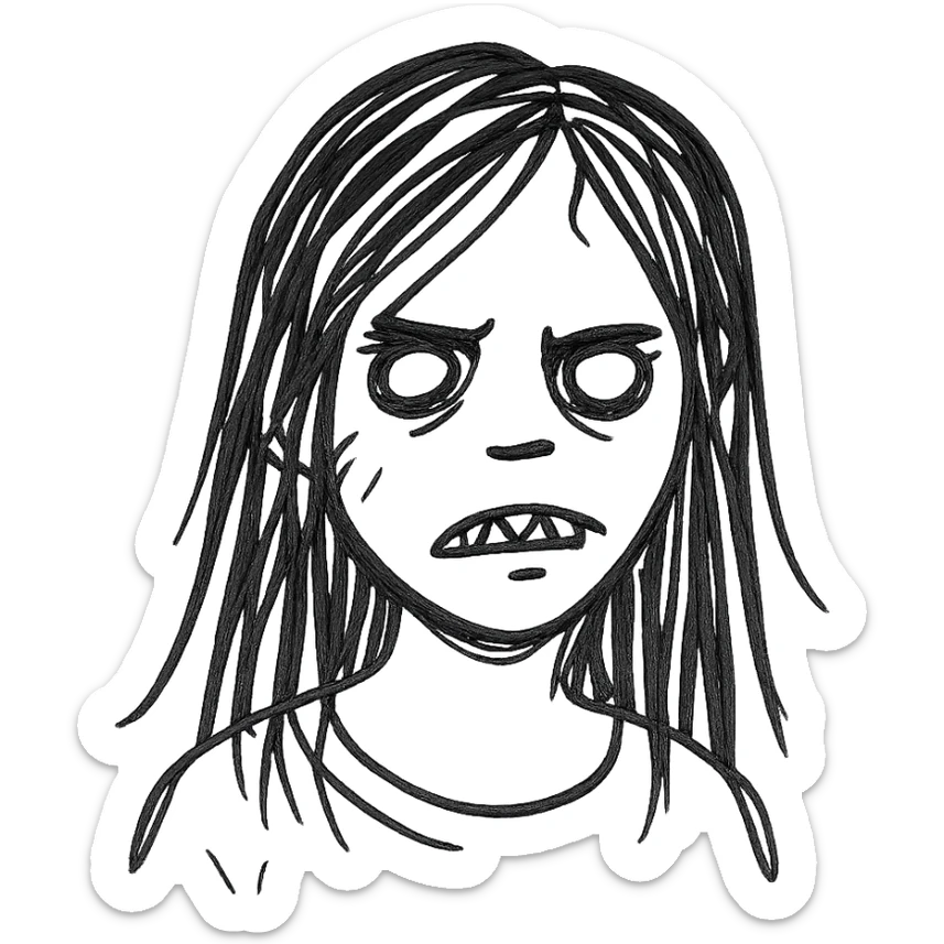 girl zombie with black long hair with teeth and serious face sticker