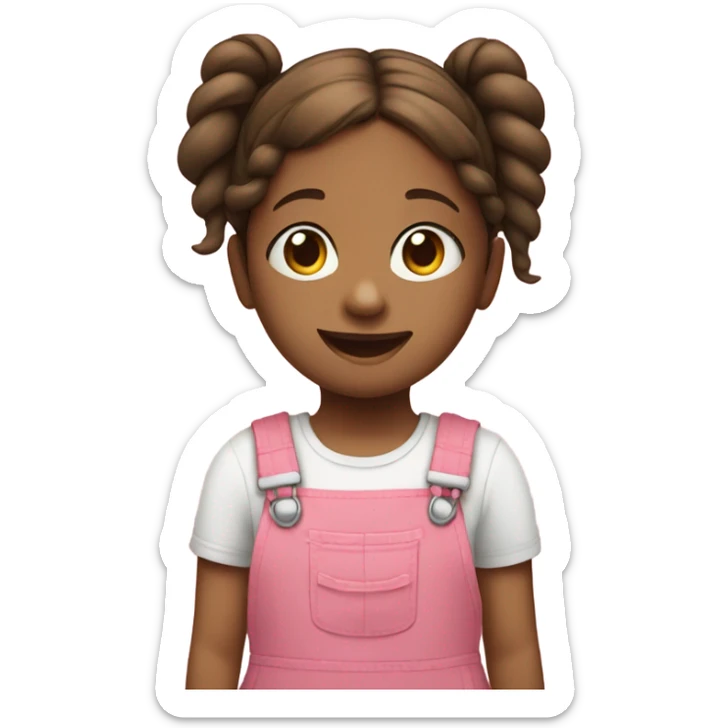A little girl with brown 2 pigtails with a pink overalls dress smiling sticker