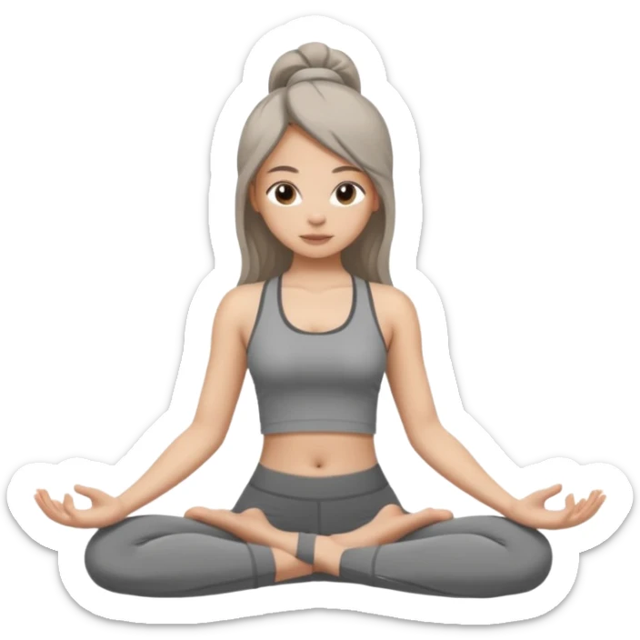 a girl doing yoga, she is wearing a grey fit and she has dark straight and loose hair.  sticker