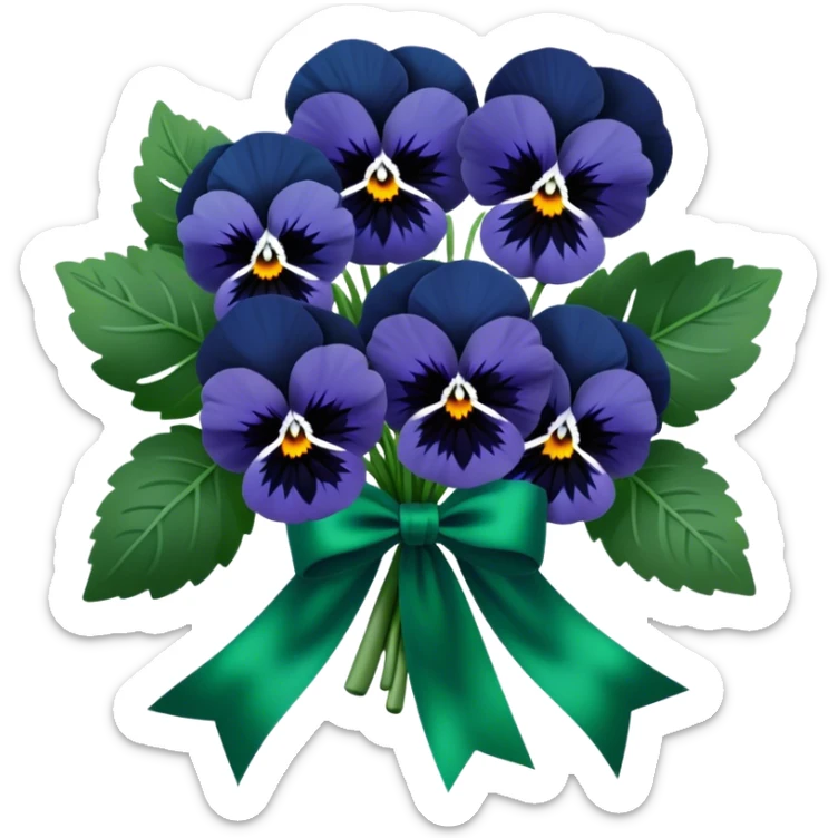 A gracefully arranged bouquet of navy blue pansies, tied with an elegant emerald green satin ribbon. sticker