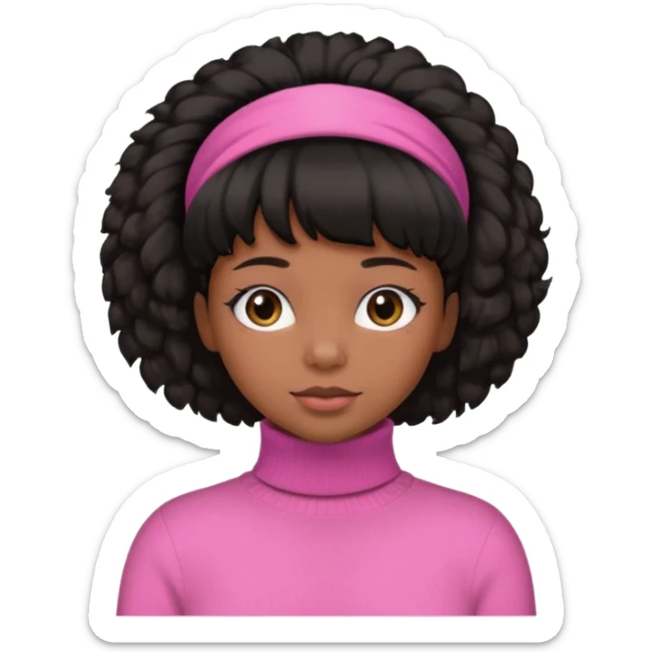 black fluffy haired girl with pink turtleneck sweater and hair band sticker